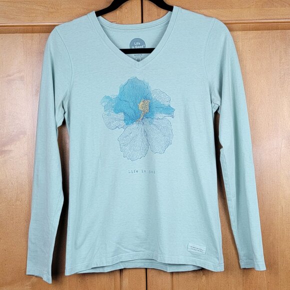 Life is Good Pale Green Classic Fit Hibiscus Flower V-Neck Long Sleeve Tee - XS - Picture 1 of 9